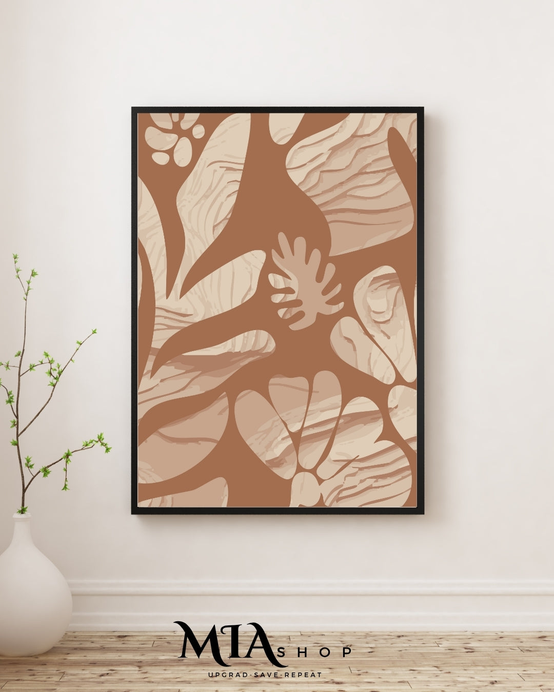 Decoración de pared botánica de gran tamaño, tonos naranja y beige texturizados. Arte de pared inspirado en la naturaleza. Descarga digital. 00017