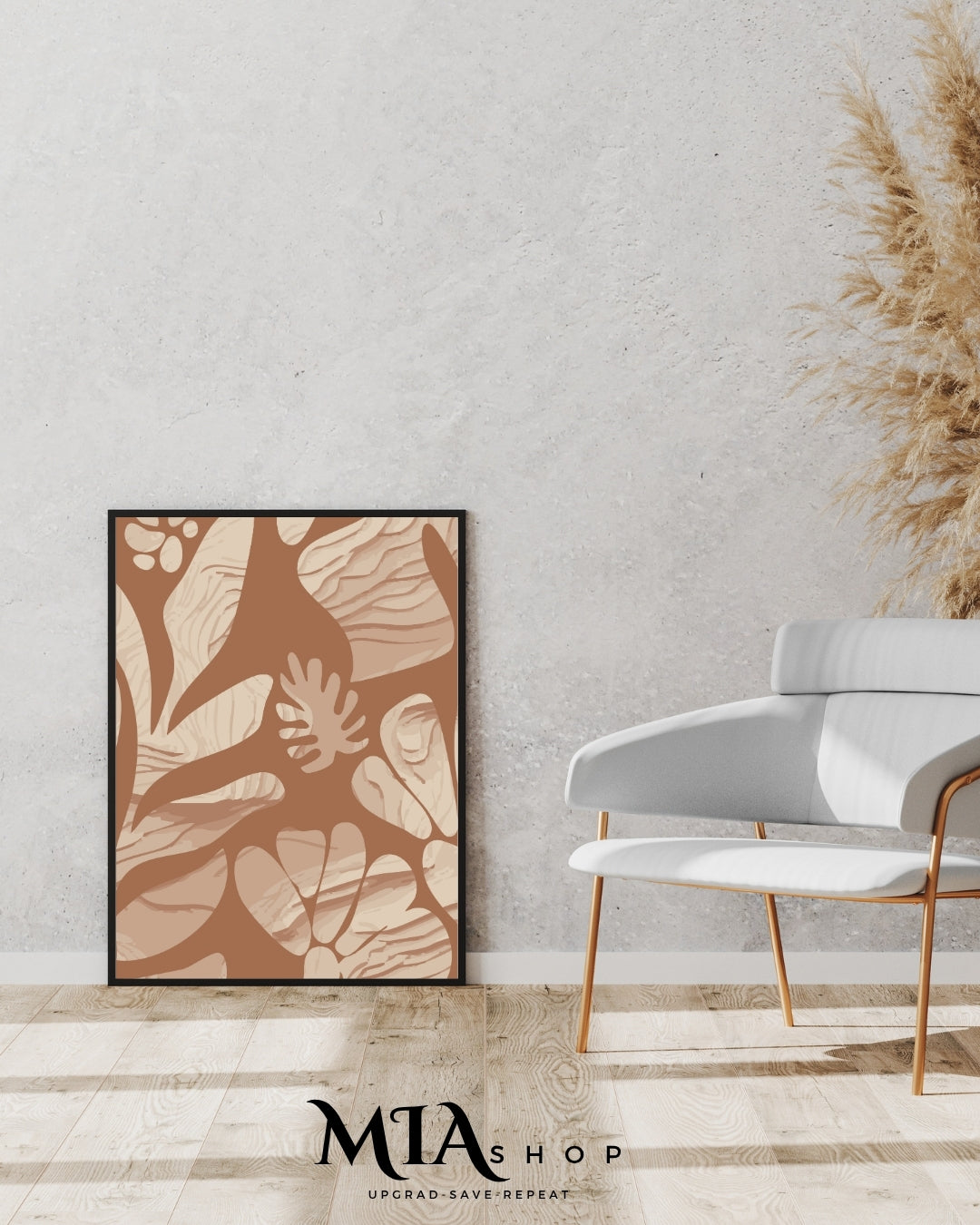 Decoración de pared botánica de gran tamaño, tonos naranja y beige texturizados. Arte de pared inspirado en la naturaleza. Descarga digital. 00017