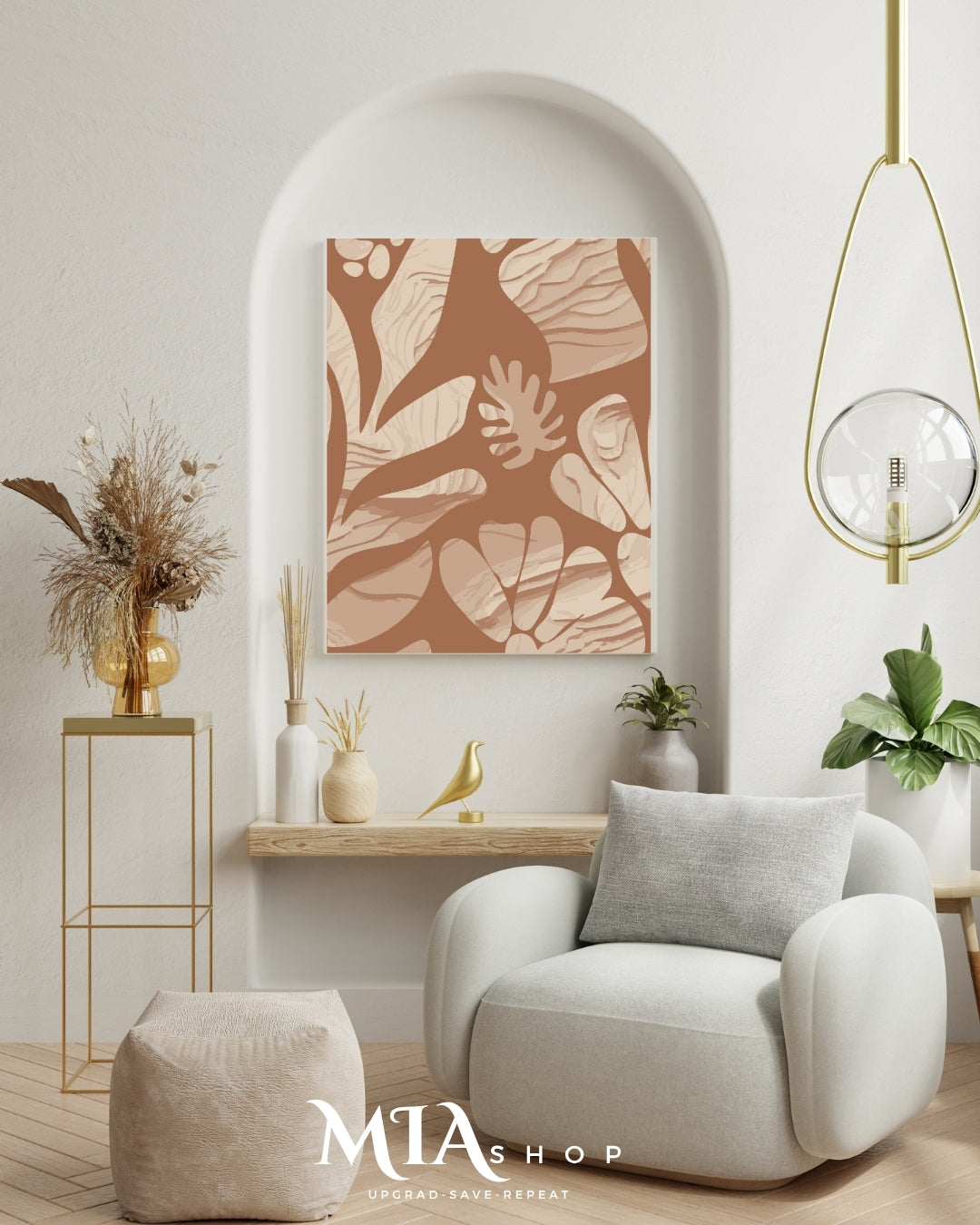Decoración de pared botánica de gran tamaño, tonos naranja y beige texturizados. Arte de pared inspirado en la naturaleza. Descarga digital. 00017
