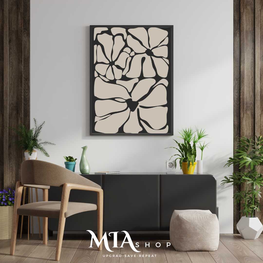 Oversized Botanical wall Decor, Black & Beige Statement Piece, Nature-Inspired wall art, Canvas prints| 00005