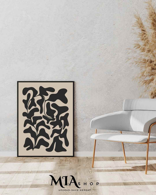 Minimal Botanical Art, Organic Abstract Print, Mid Century Modern Wall Decor, Beige and Black Wall Art | 00001