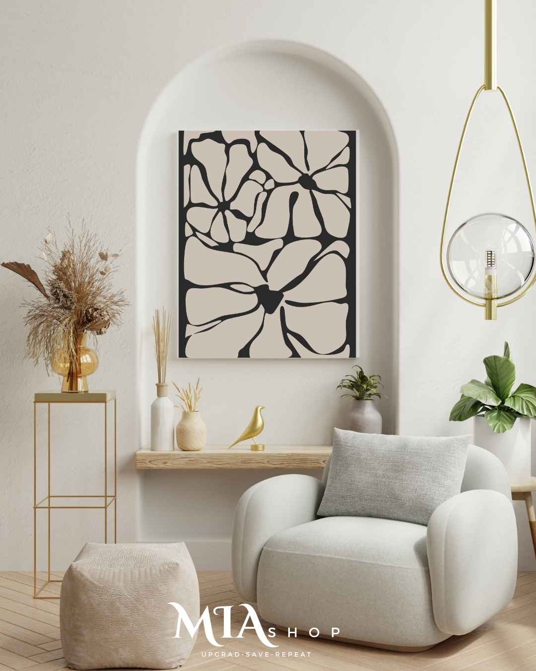Oversized Botanical wall Decor, Black & Beige Statement Piece, Nature-Inspired wall art, Canvas prints| 00005