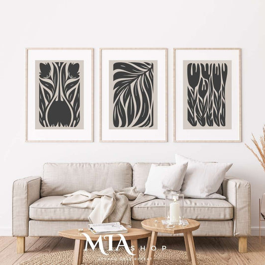 Wall Art,Modern Moody Set of 3 Wall Art Prints , Black and beige, wall art for living room  | 00007